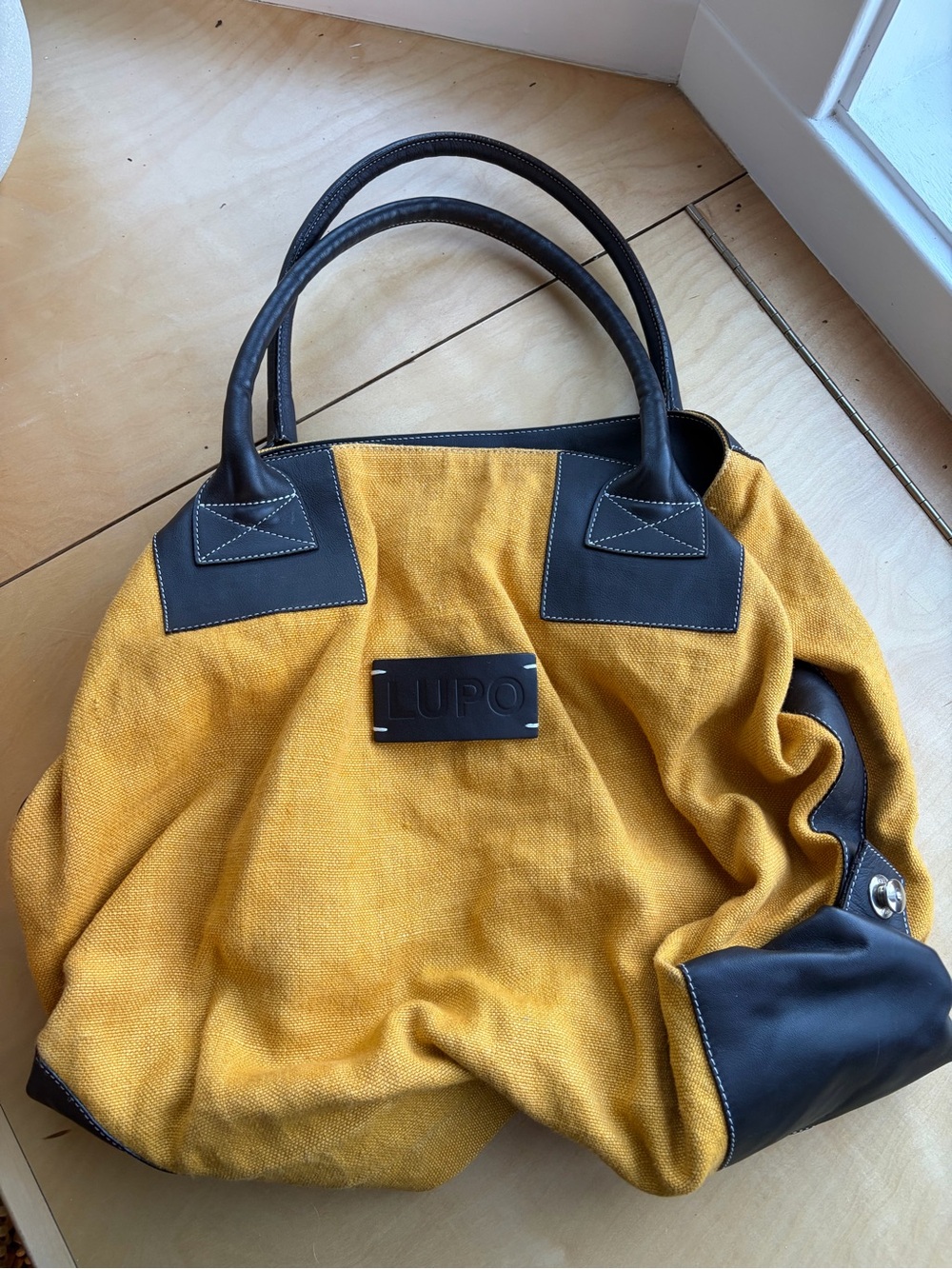 LUPO Women's Mustard Canvas Hobo Bag with Black Trim